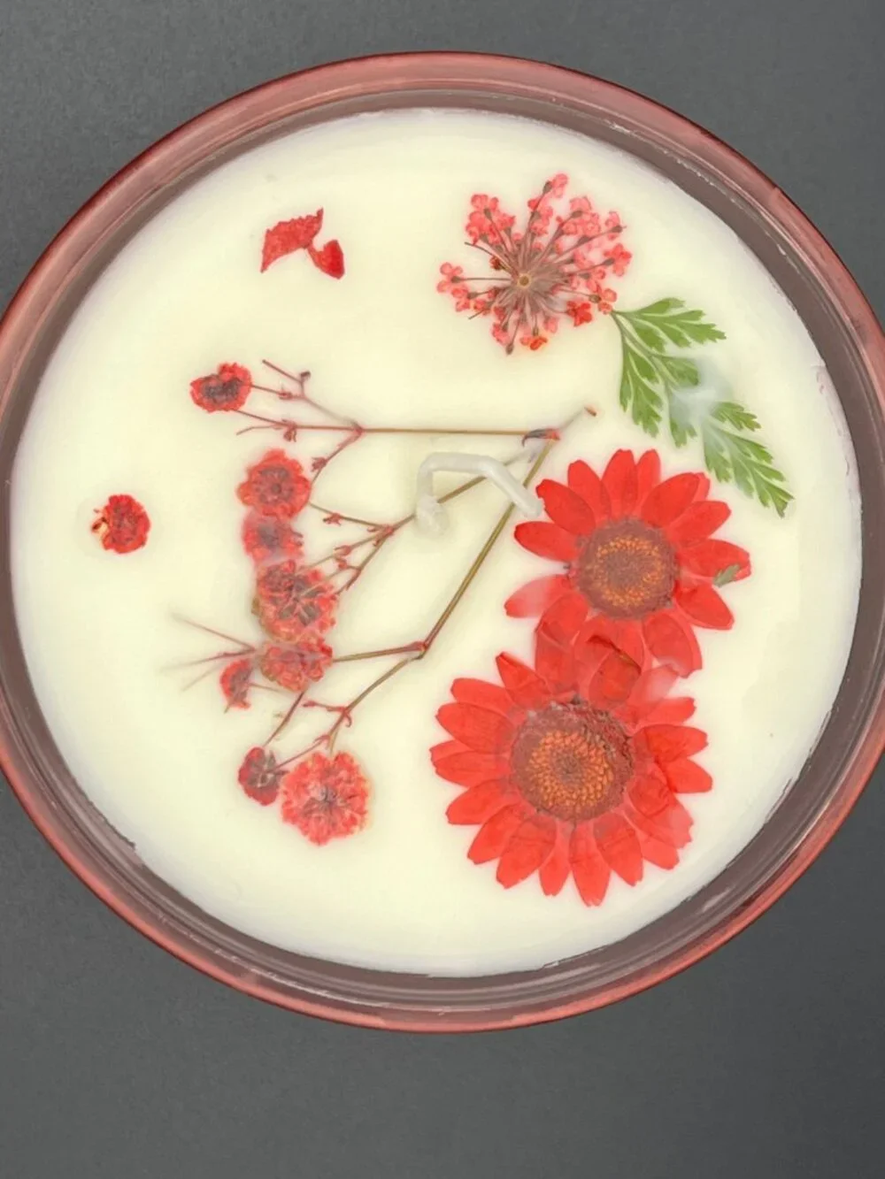 Scarlet Garden Martini Glass Candle with Pressed Red Florals